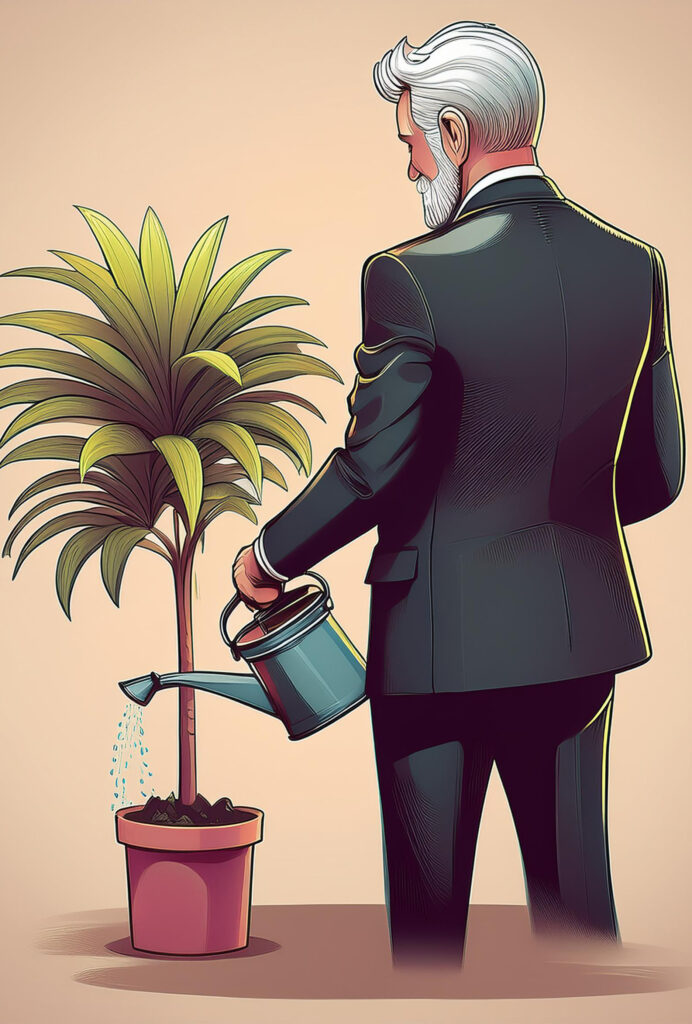 Man in a tuxedo using a watering can to water palm tree at a party